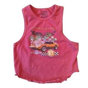 GM Small Pink Corvette Graphic Tank Top Sleeveless Crop Lettuce Hem Womens Beach